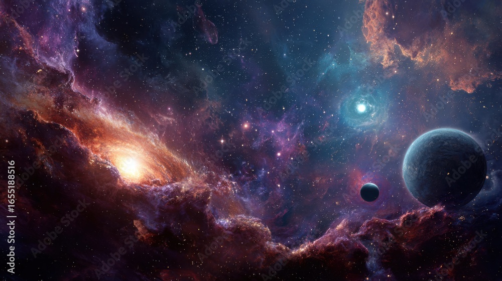 Fototapeta premium A breathtaking view of a vast cosmic landscape shows swirling nebulae, glowing galaxies, and distant celestial bodies. Bright stars illuminate the colorful scene in deep space.