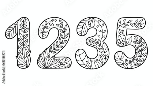One two three five Floral Number Set for Coloring Book Activity and Educational Projects