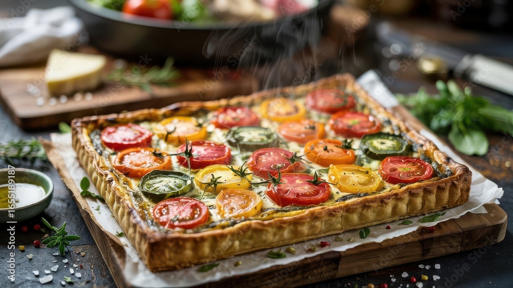 Fototapeta premium Savory tart with colorful heirloom tomatoes and fresh herbs on golden pastry crust, homemade rectangular tart on wooden cutting board