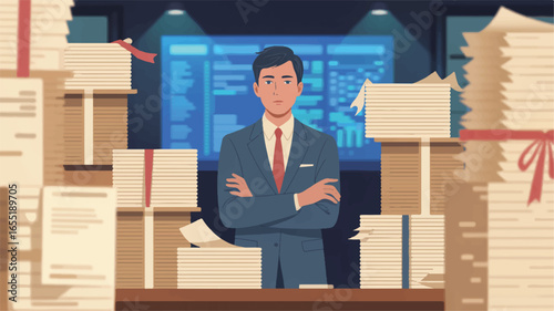 Overworked businessman surrounded by stacks of papers illustrating busy office life and demanding workload with data screen