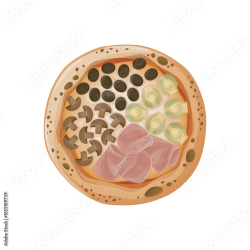 Quattro stagioni pizza vector illustration in flat detailed style. Isolated design of Italian dish with artichoke, mushrooms, prosciutto, olives for delivery, pizzeria, restaurant advert