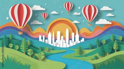 Paper Cut Hot Air Balloons Over City Landscape with River and Sunrise Artistic Vector Illustration