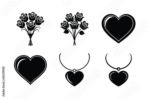 Silhouette set of rose bouquets hearts and heart necklaces Vector illustration