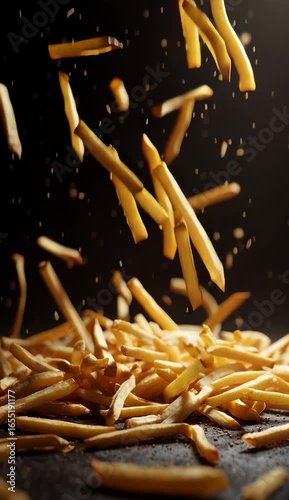 French fries falling with crisp texture in a dark studio setting, showcasing a dynamic motion in a food photography style