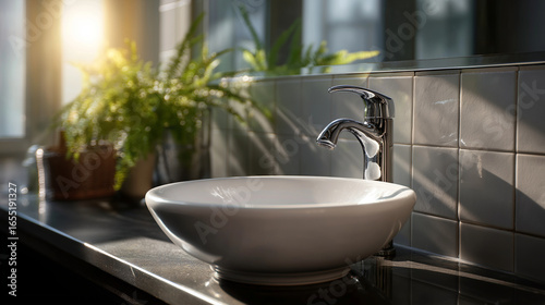Modern bathroom with sink illuminated by soft natural light