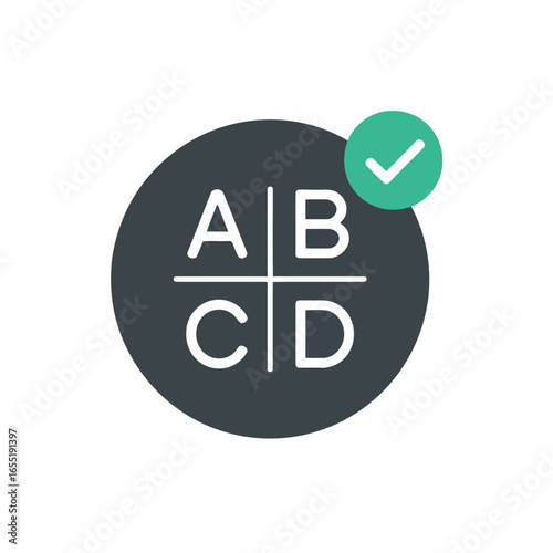 Grey Circle Graphic Featuring the Letters A, B, C, and D with a Green Check Mark