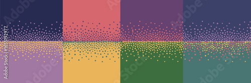 Abstract multicolored panel with falling dots and horizontal color division in four sections view image