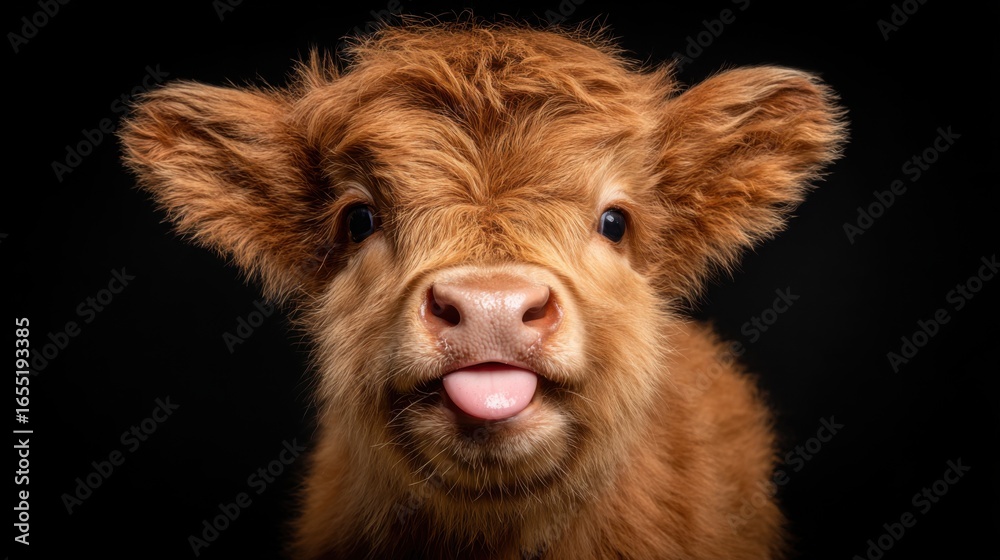 Fototapeta premium A highland calf displays its playful nature by sticking out its tongue while posing against a dark backdrop in a studio. The fluffy fur adds to its adorable appearance.