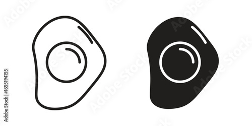 Fried Egg Icons in Line Art and Solid Styles, Isolated on White Background