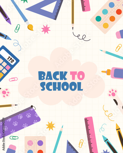 Back to school vector poster template with text. Hand drawn background illustration with stationery supplies, items and accessories. Cartoon flat stylisation in pastel colors