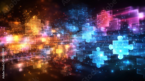 Wallpaper Mural Bright, colorful puzzle pieces hover against a dark backdrop filled with light trails. The vivid blues and pinks create a dynamic, energetic atmosphere, ideal for creative themes. Torontodigital.ca