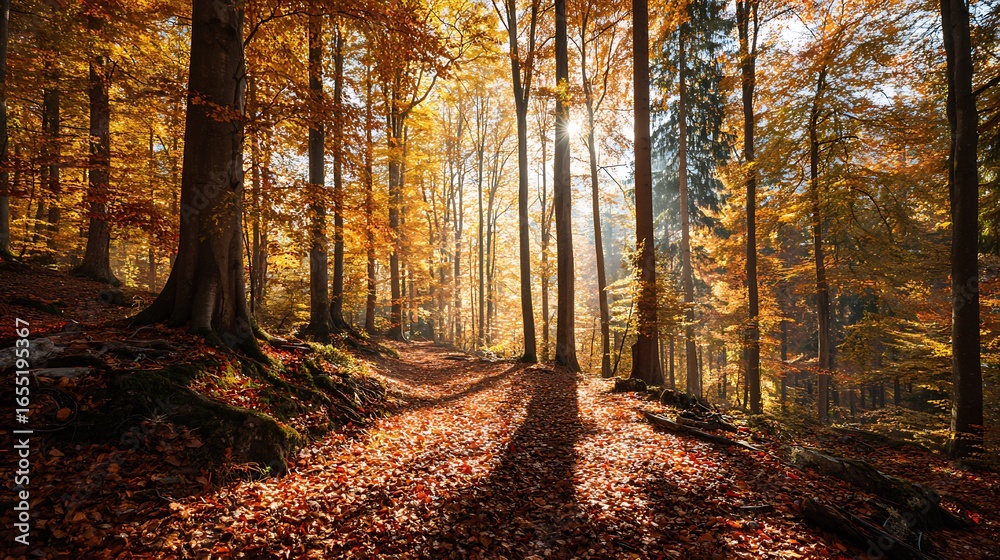Obraz premium Scenic autumn forest path covered in leave wallpaper images