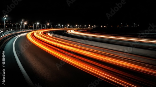 Wallpaper Mural Bright light trails created by moving vehicles weave through a winding highway at night. The urban landscape glimmers with city lights under a dark sky, showcasing the dynamic energy of traffic. Torontodigital.ca