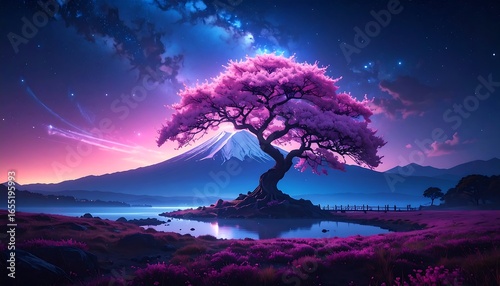 Magical, vibrant cherry blossom tree by a mountain lake