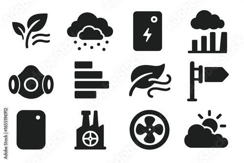 Air Quality Icons. Solid style icons of air quality and monitoring: clean air symbol, smog warning icon, air sensor unit, urban