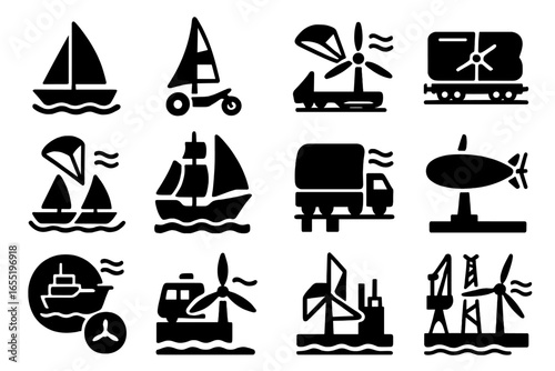 Wind-Powered Transport Icons. Solid style icons of wind-powered transportation: wind-powered boat, land sail vehicle, turbine on