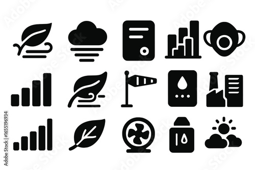 Air Quality Icons. Solid style icons of air quality and monitoring: clean air symbol, smog warning icon, air sensor unit, urban