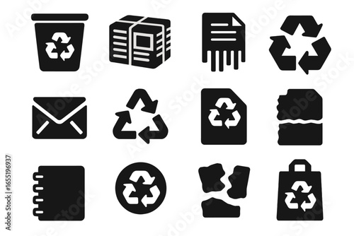 Paper Recycling Icons. Solid style icons of paper recycling: paper bin, newspaper bundle, document shredding icon, cardboard box