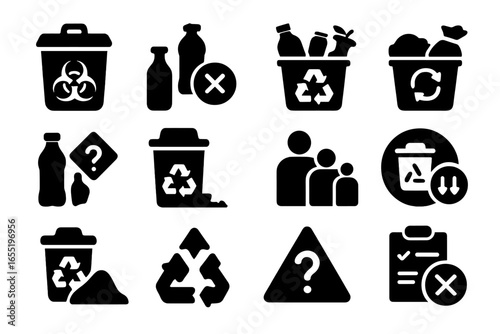 Recycling Challenges Icons. Solid style icons of recycling challenges: contaminated bin, wrong item icon, mixed waste issue,