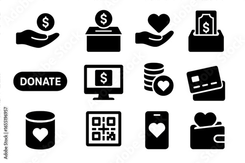 Charity Donation Icons. Solid style icons of charity donations: hand with coin, donation box, heart in hand, dollar bill to box,