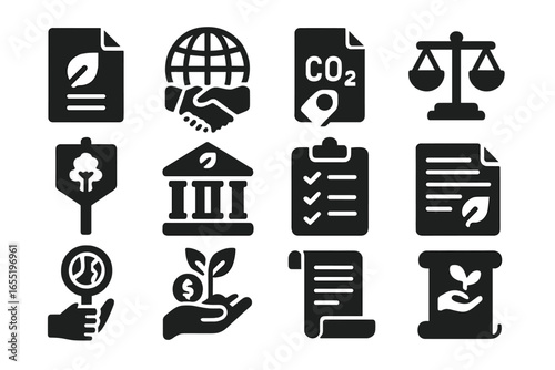 Environmental Policy Icons. Solid style icons of environmental policy: law document with leaf, global climate agreement, carbon