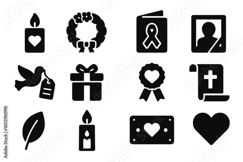 Memorial Donation Icons. Solid style icons of memorial and tribute donations: candle with heart icon, flower wreath symbol,