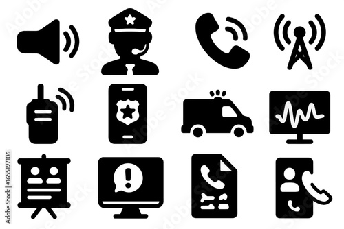 Police Communication Icons. Solid style icons of police communication: radio speaker icon, officer headset, emergency hotline