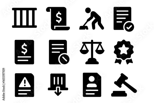 Court Penalty Icons. Solid style icons of court penalties and enforcement: jail bars icon, fine payment scroll, court-imposed