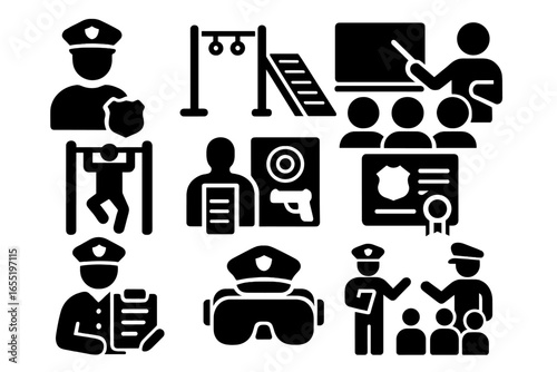 Police Training Icons. Solid style icons of police training and academy: recruit with badge, training obstacle course, classroom