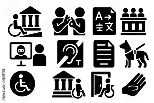 Court Accessibility Icons. Solid style icons of court accessibility: wheelchair ramp to courthouse, sign language interpreter,