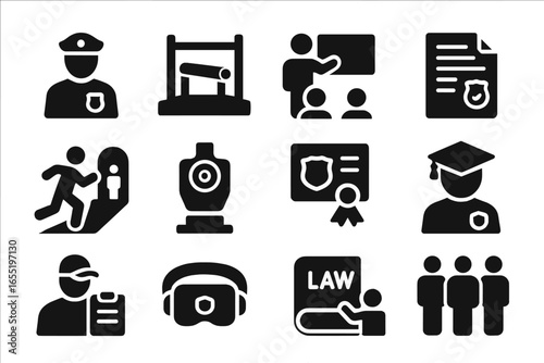 Police Training Icons. Solid style icons of police training and academy: recruit with badge, training obstacle course, classroom