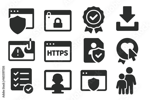Safe Internet Icons. Solid style icons of safe internet use: shield with browser, lock in address bar, safe website badge, secure
