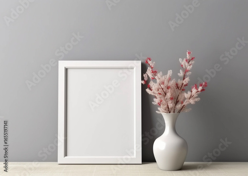 blank frame mockup with flowers on wooden table