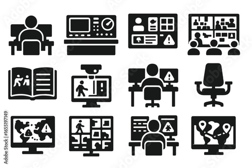 Security Icon Set. Solid style icons of security monitoring centers: operator desk with screens, control room panel, surveillance