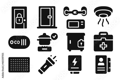 Home Safety Icons. Solid style icons of home safety: locked door icon, window sensor, childproof cabinet latch, smoke alarm on