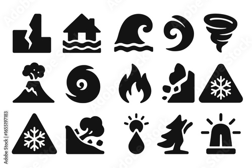 Natural Disaster Icons. Solid style icons of natural disaster emergencies: earthquake crack icon, flood house, tsunami wave,