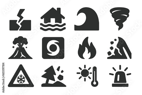 Natural Disaster Icons. Solid style icons of natural disaster emergencies: earthquake crack icon, flood house, tsunami wave,