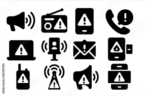 Emergency Communication Icons. Solid style icons of emergency communication: emergency broadcast speaker, radio with alert waves,