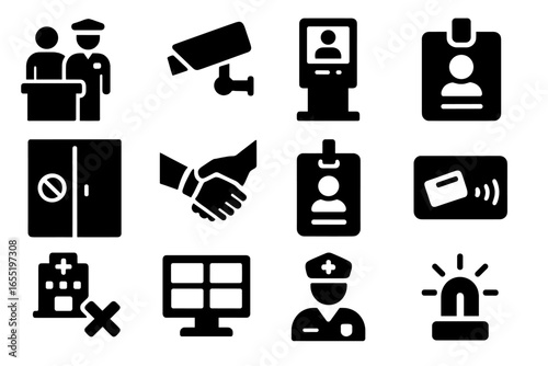 Hospital Security Icons. Solid style icons of hospital security and control: security officer at entrance, camera in hallway, ID