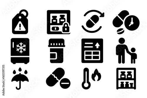 Drug Safety Icons. Solid style icons of drug safety and storage: warning label tag, locked medicine cabinet, expired drug symbol,