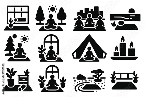 Diverse Yoga Spaces. Solid style icons of yoga environments and spaces: yoga studio interior, outdoor nature yoga, rooftop session