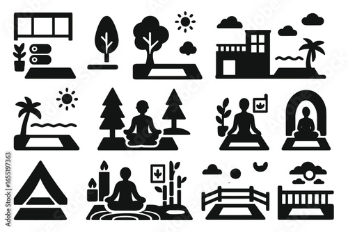 Diverse Yoga Spaces. Solid style icons of yoga environments and spaces: yoga studio interior, outdoor nature yoga, rooftop session