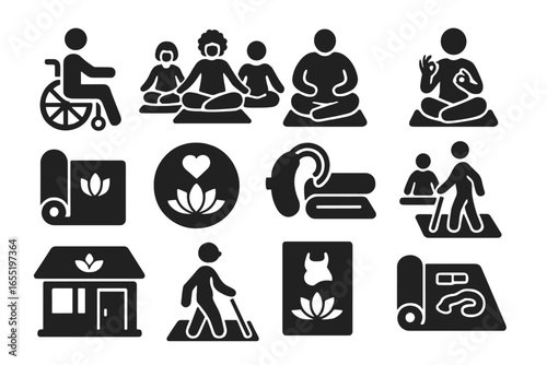 Inclusive Yoga Icons. Solid style icons of inclusive and accessible yoga: wheelchair yoga pose, diverse group session, plus-size