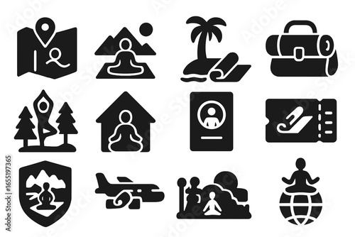 Yoga Retreat Icons. Solid style icons of yoga retreats and travel: retreat map icon, mountain yoga trip, tropical island mat,