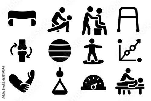 Physical Therapy Icons. Solid style icons of physical therapy: exercise band, stretching session icon, therapist guiding motion,
