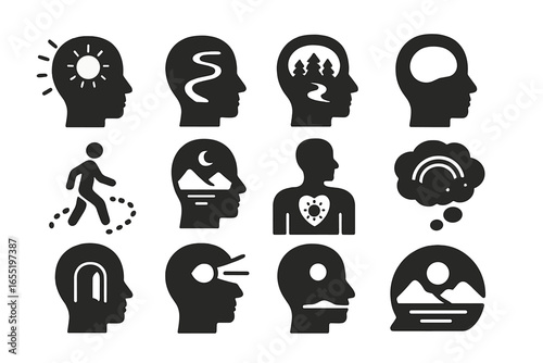 Visual Mental Icons. Solid style icons of visualization and mental imagery: glowing mind icon, imagined light path, forest scene