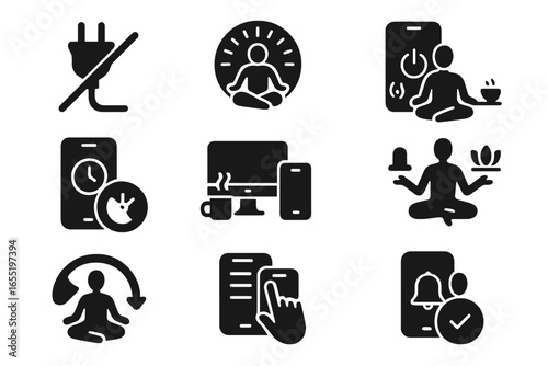 Mindful Technology Balance. Solid style icons of meditation and technology balance: unplug icon, digital detox badge, smartphone