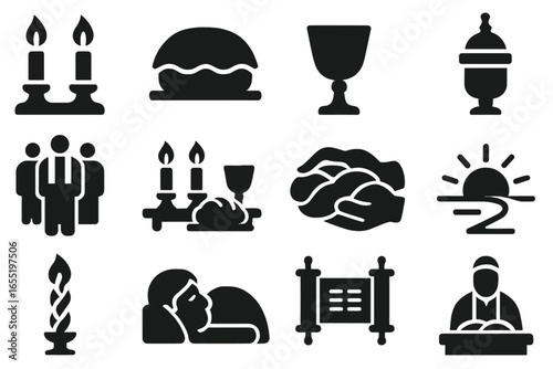 Shabbat Symbols Icons. Solid style icons of synagogue during Shabbat: candles on table, challah covered, wine cup, havdalah spice
