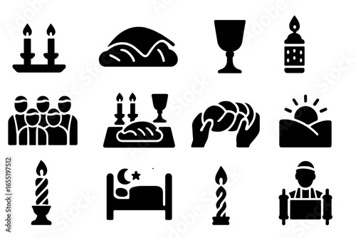 Shabbat Symbols Icons. Solid style icons of synagogue during Shabbat: candles on table, challah covered, wine cup, havdalah spice