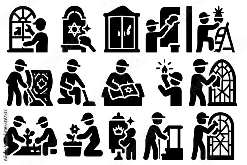 Synagogue Restoration Icons. Solid style icons of synagogue restoration and care: window repair, ark polishing, painting walls,